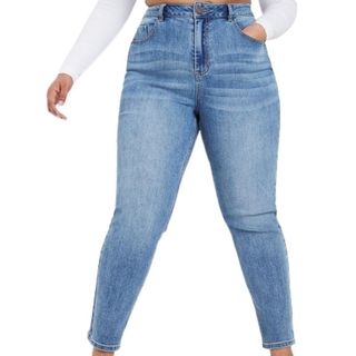 light blue wash mom jeans shot on model
