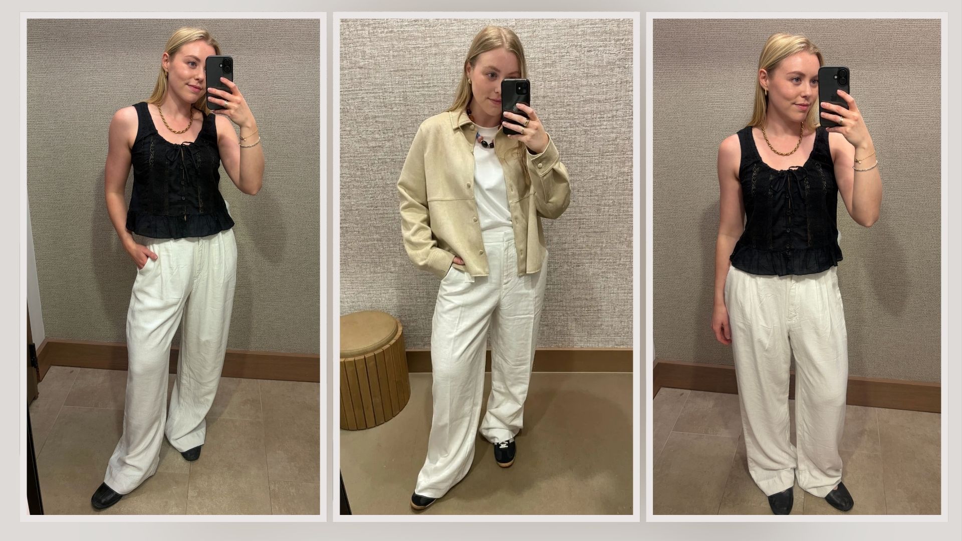 Woman wears black top, white trousers