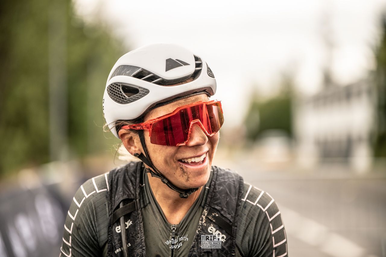 Carolin Schiff smiles after winning the pro women's division at 2023 The Rift