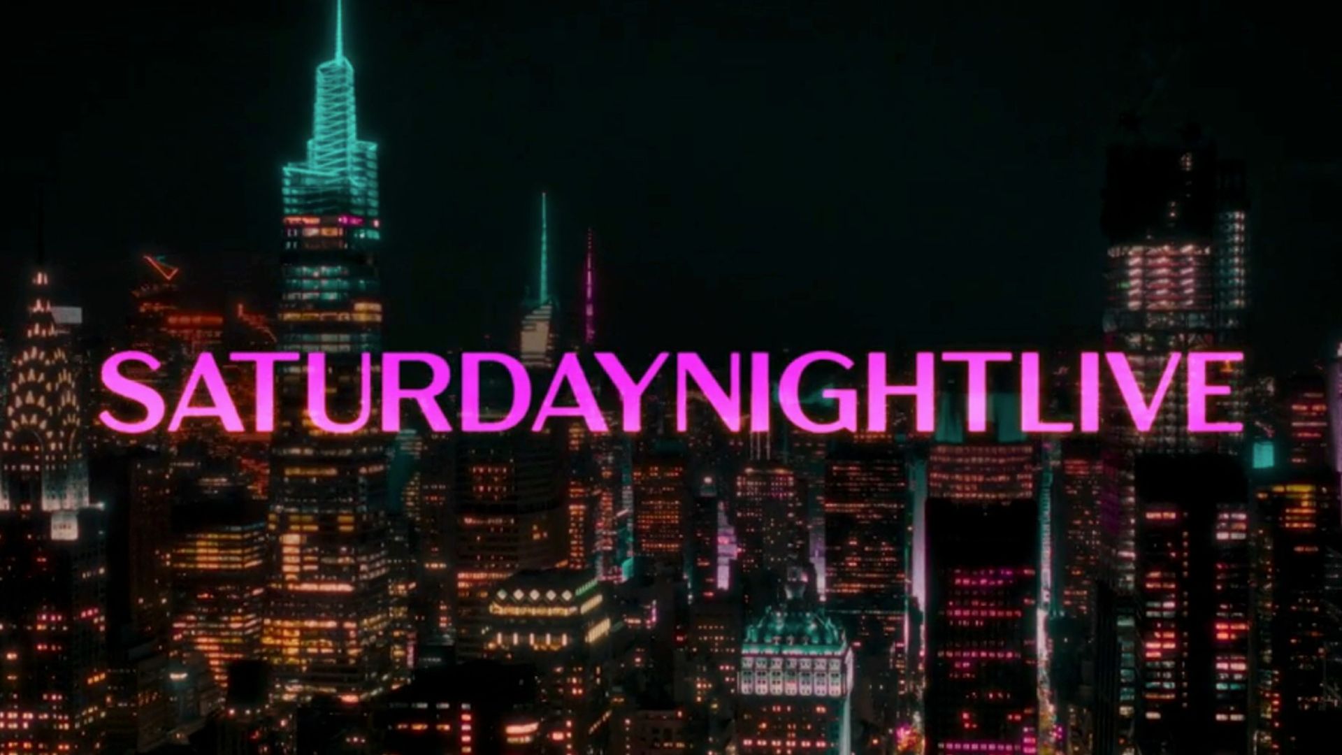 The opening title card for Saturday Night Live with the New York skyline behind the name of the show.