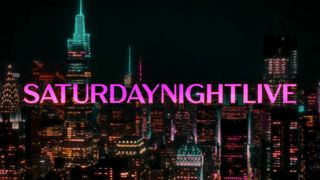 The opening title card for Saturday Night Live with the New York skyline behind the name of the show. 