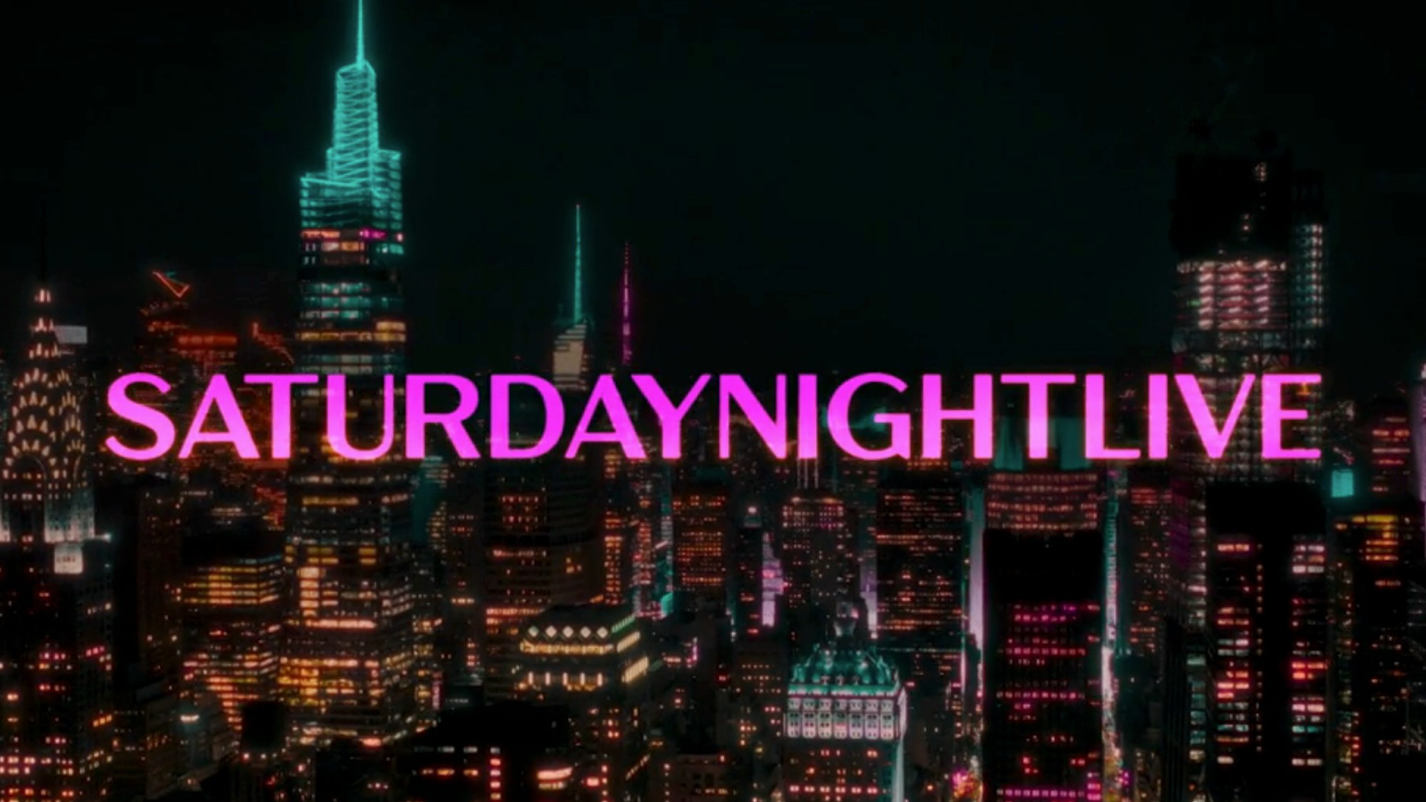 The opening title card for Saturday Night Live with the New York skyline behind the name of the show.