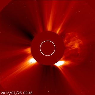 This image was captured by ESA and NASA's Solar and Heliospheric Observatory (SOHO) on July 22, 2012 at 10:48 p.m. EDT. On the right side, a cloud of solar material ejects from the sun in one of the fastest coronal mass ejections ever measured.