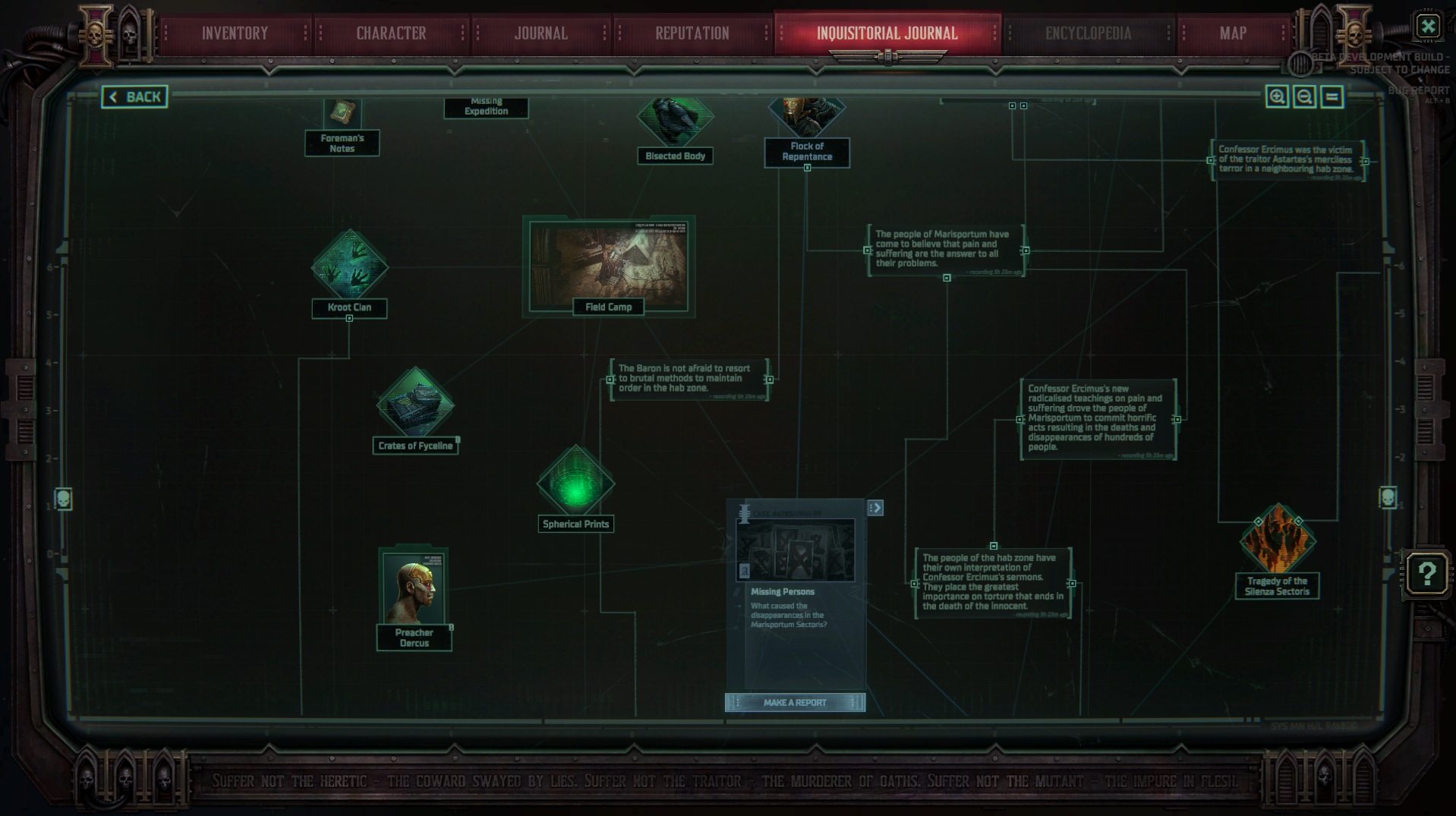 An interface displaying investigation connections. Nodes include "Front Camp" and "Synthetic Priests," with lines linking them. The tone is dark and mysterious, suggesting an investigative theme.