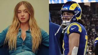 Sydney Sweeney is shown in an American Eagle ad, while Puka Nacua is shown on the sidelines with the Los Angeles Rams.
