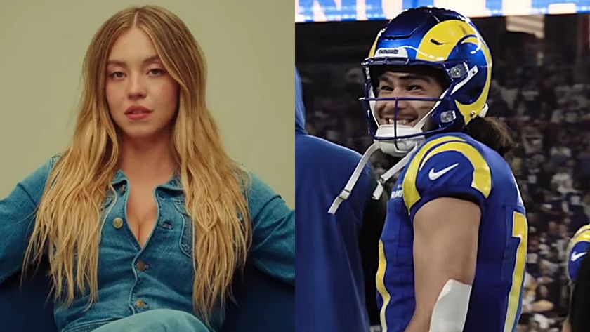 Sydney Sweeney is shown in an American Eagle ad, while Puka Nacua is shown on the sidelines with the Los Angeles Rams.
