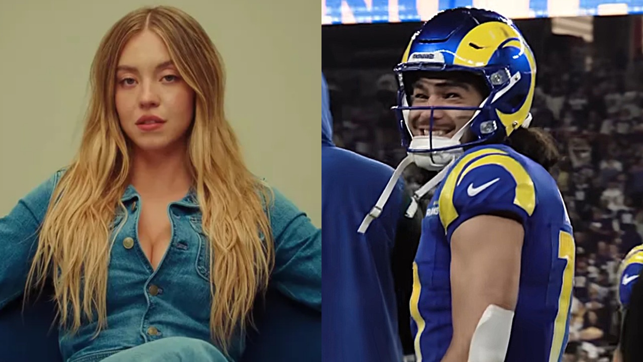 Sydney Sweeney is shown in an American Eagle ad, while Puka Nacua is shown on the sidelines with the Los Angeles Rams.