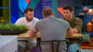 Leo Braudy, Nick Dorka, and Stephen Richardson talking in Love is Blind Season 7