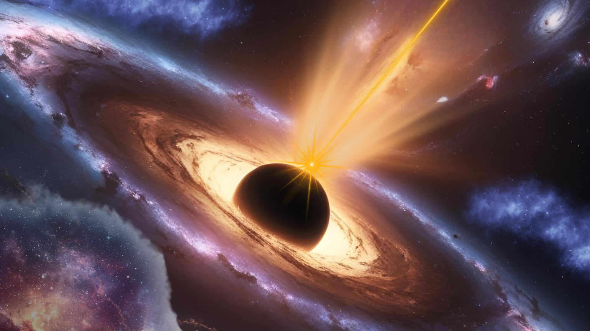 A black circle surrounded by a swirl of purple smoke an orange cone emerges from the edge of the black circle