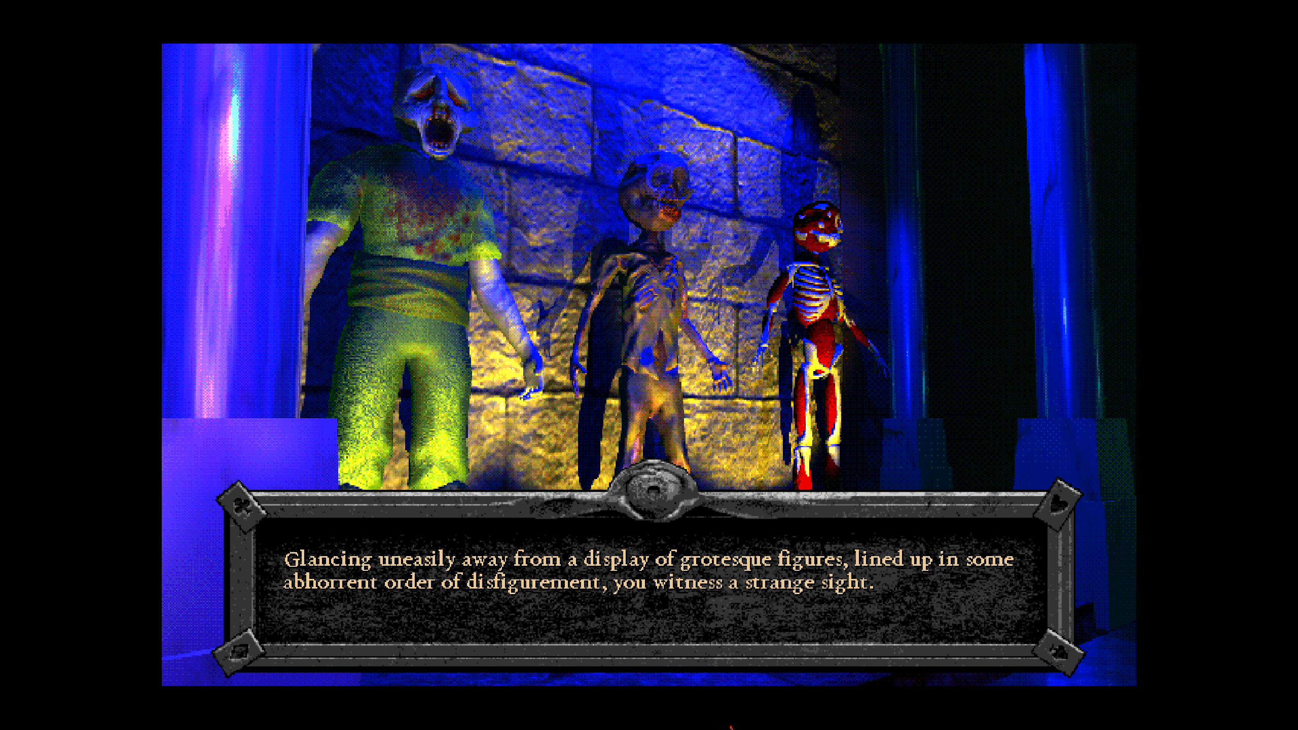 Three tortured figures stand against a wall in a scene in Forbidden Solitaires The Discarded DLC.