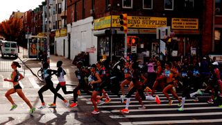 Runners in the Women's Professional Division of the TCS New York City Marathon 2022 head down Fourth Avenue in Brooklyn