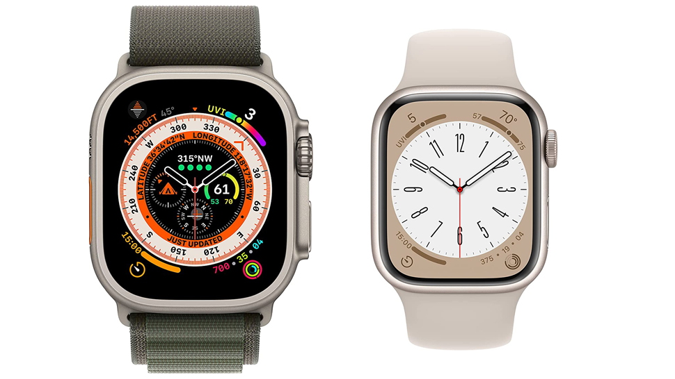 The Apple Watch Ultra sits next to the Apple Watch 8.