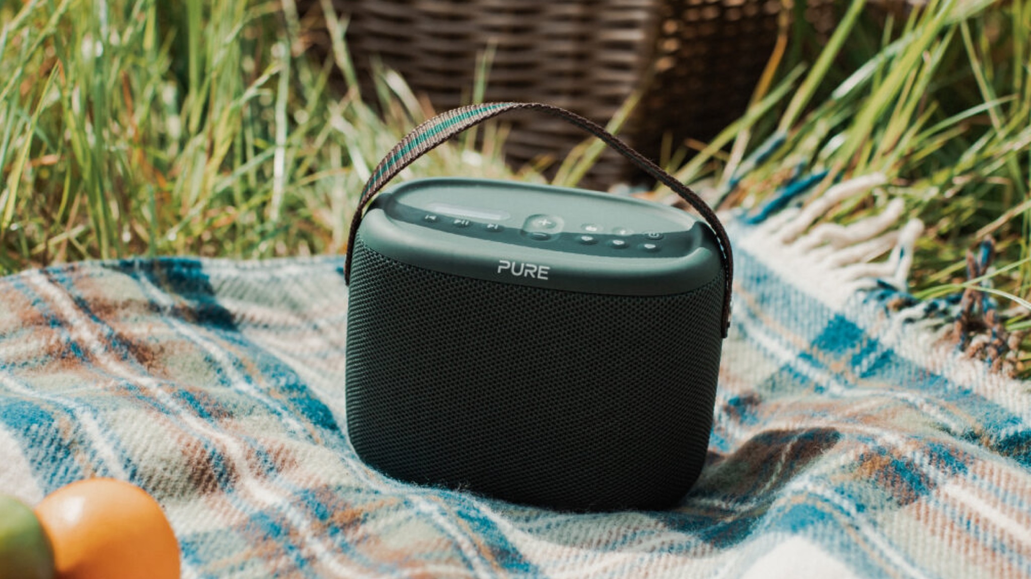 The Pure Woodland speaker on a picnic blanket outdoors