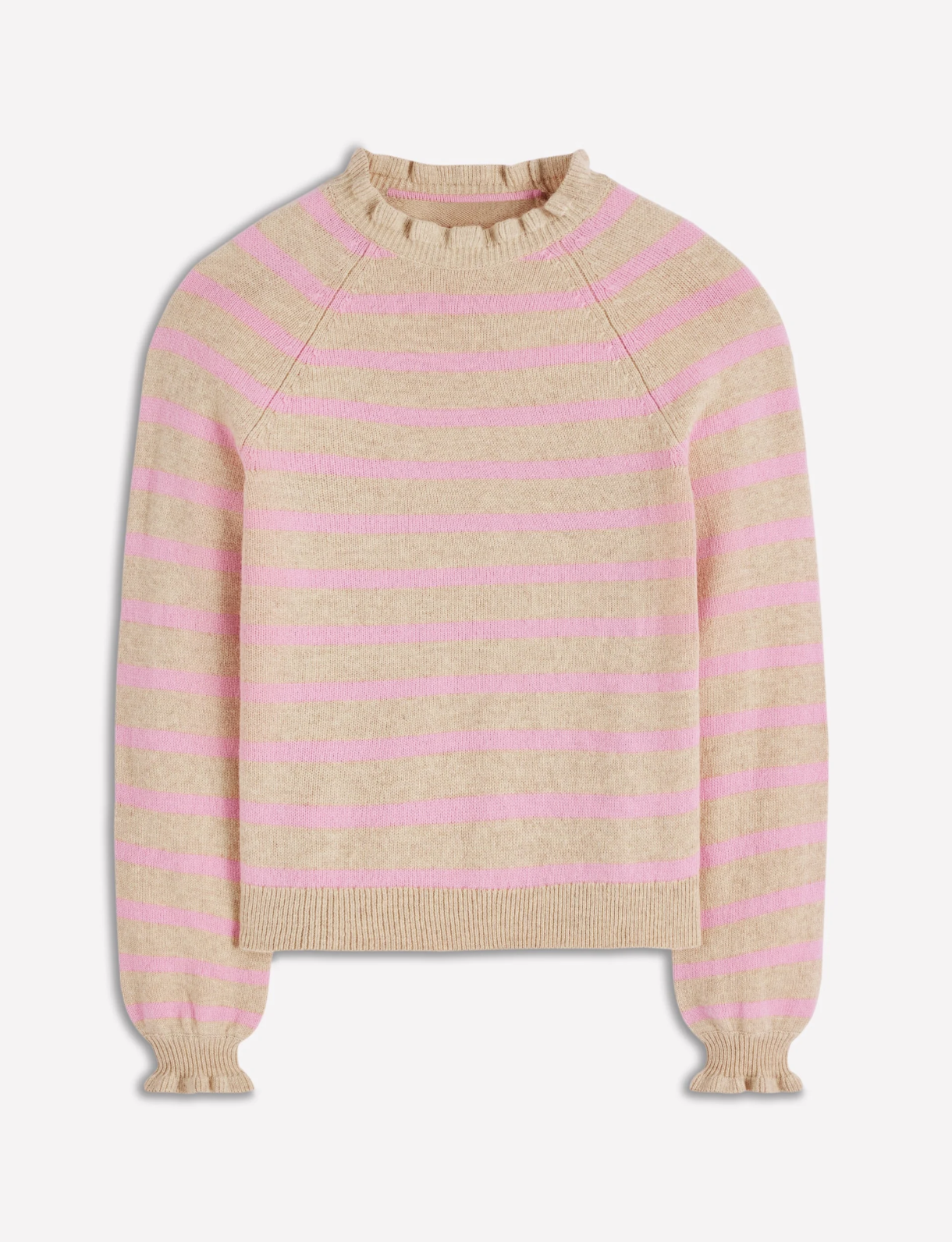 Fay Fair Isle Frilled Sweater-Camel, Pink Stripe