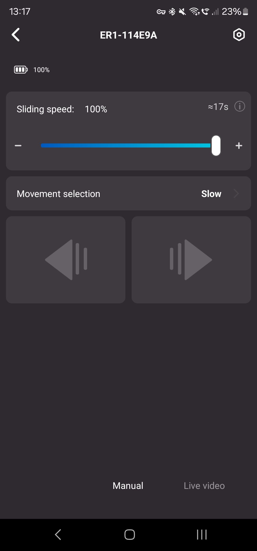 Screenshot from the Neewer ER1 Motorized Carbon Fiber Camera Slider app showing control options