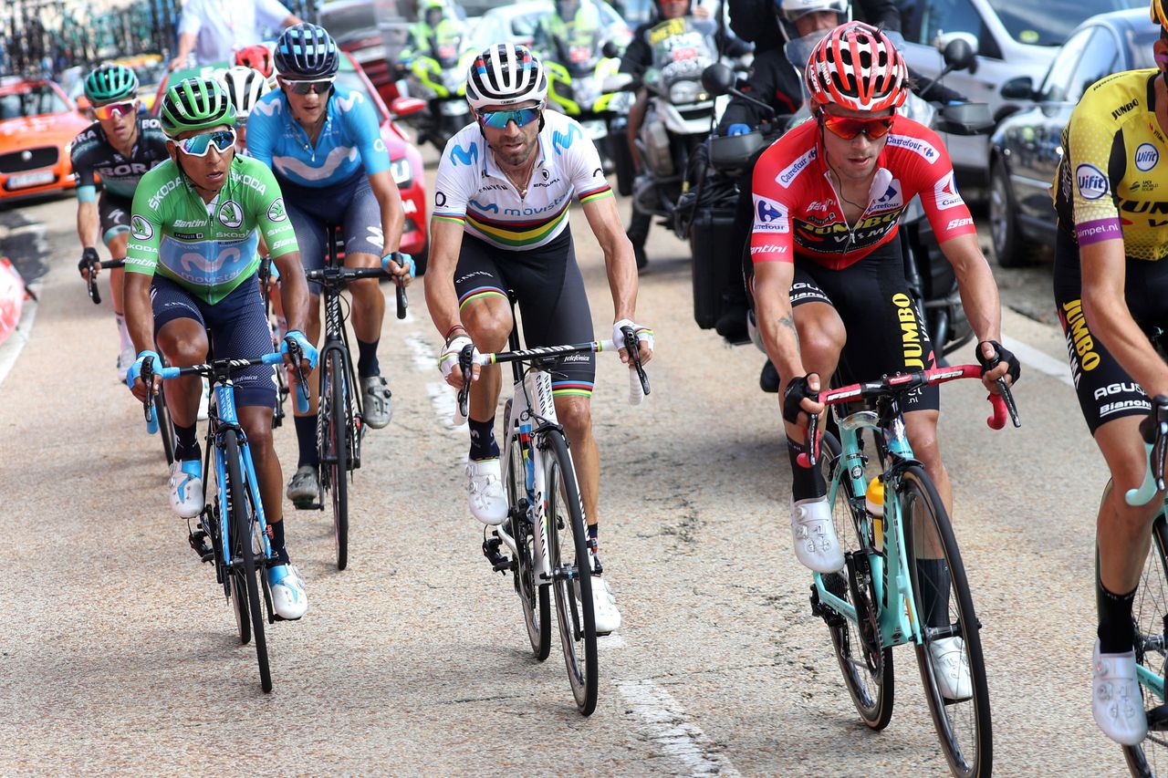 The GC group &ndash; Quintana, Valverde, Roglič &ndash; climbing on stage 18