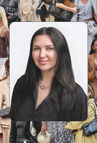 a headshot photo of the luxury resale expert Landyn Tedrick layered over a collage of street-style images showing the most popular vintage handbags