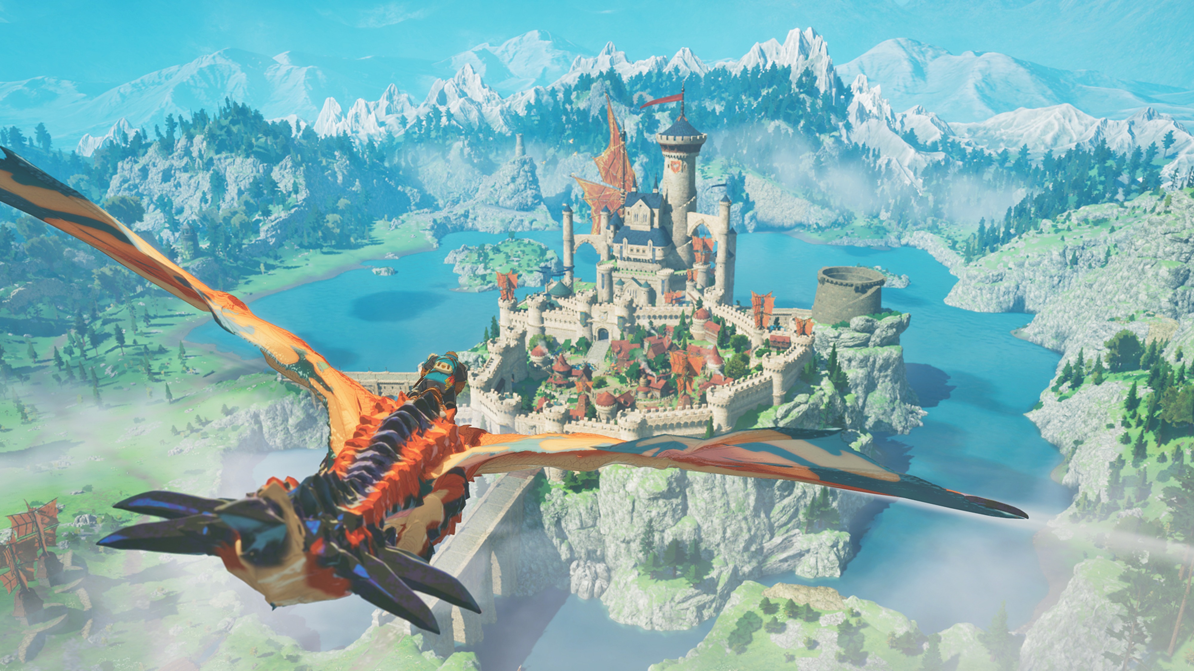 Promotional screenshot of the player riding a Rathalos in Monster Hunter Stories 3: Twisted Reflection
