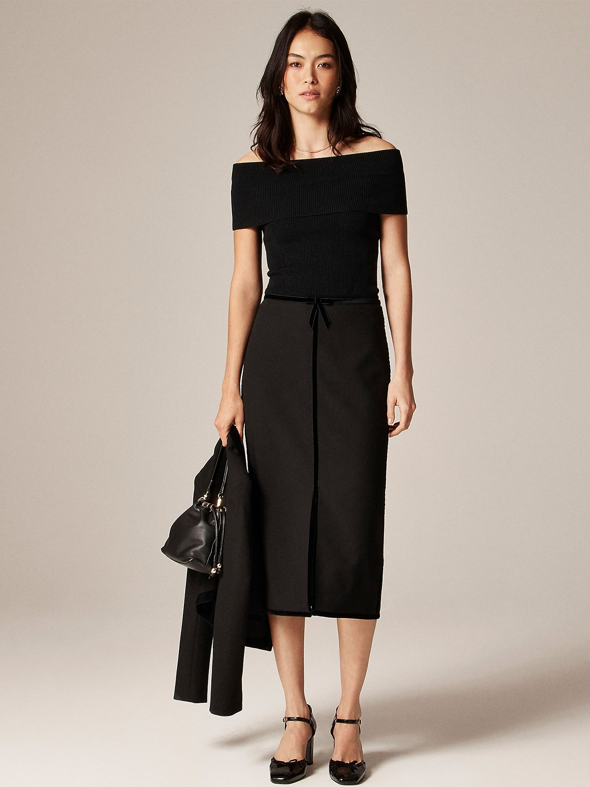 Pencil Midi Skirt With Velvet Trim in Four-Season Stretch