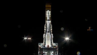 The GSLV rocket carrying the US-Indian NISAR Earth-observing satellite rolls out to the launch pad on July 24, 2025.