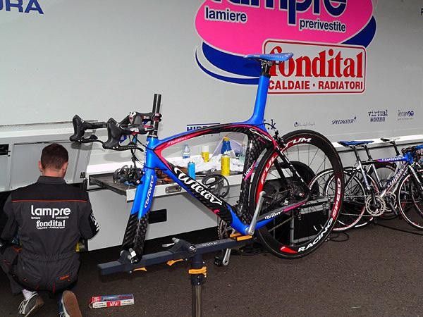 A Wilier Cento time trial machine in the process of being built by a Lampre team mechanic.