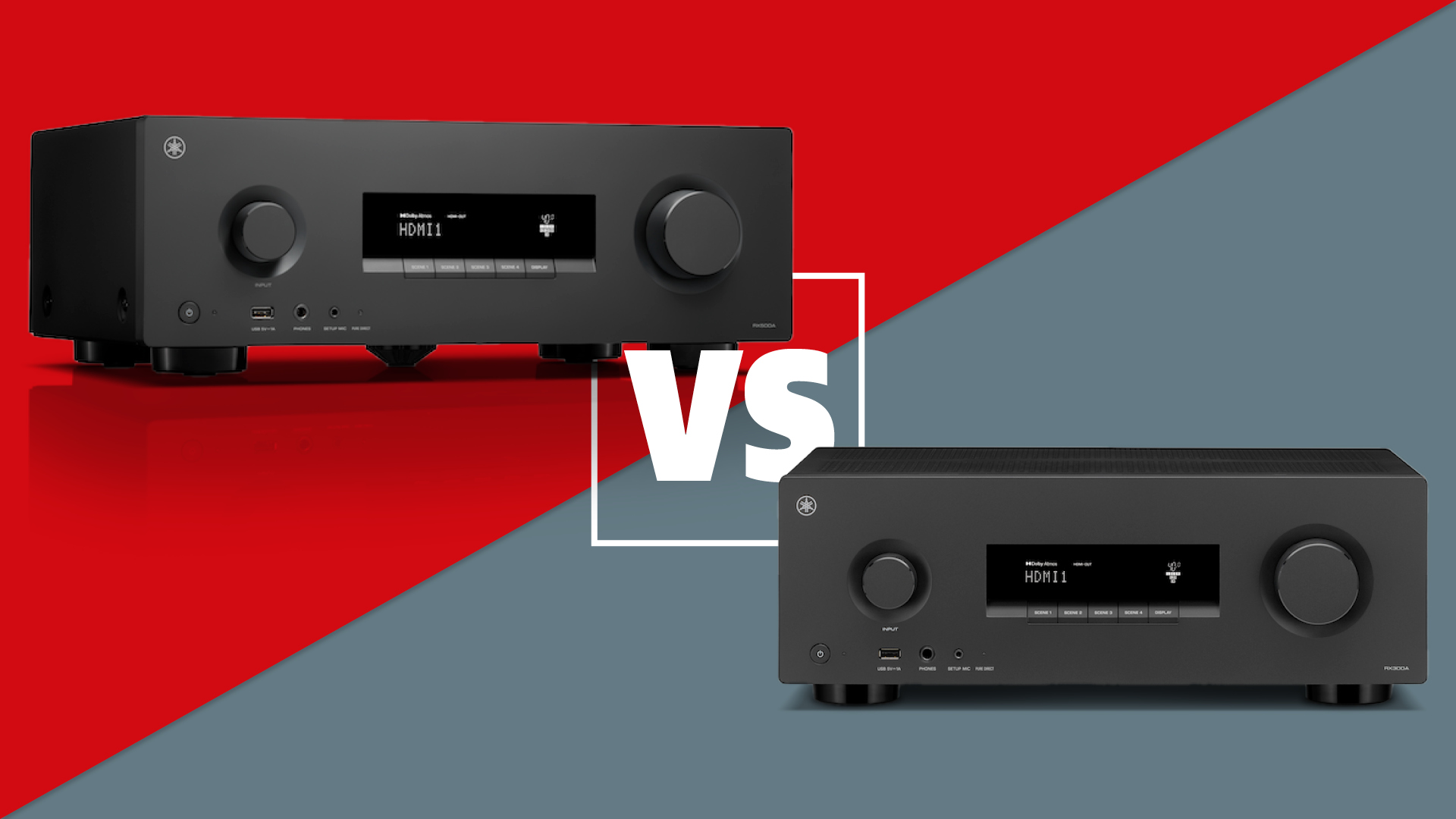 A black Yamaha RX300A and RX500A AV receiver on a red and grey background with a white versus sign between them.