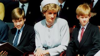 Princess Diana, Princess of Wales with her sons Prince William and Prince Harry attend the Heads of State VE Remembrance Service in Hyde Park on May 7, 1995 in London, England