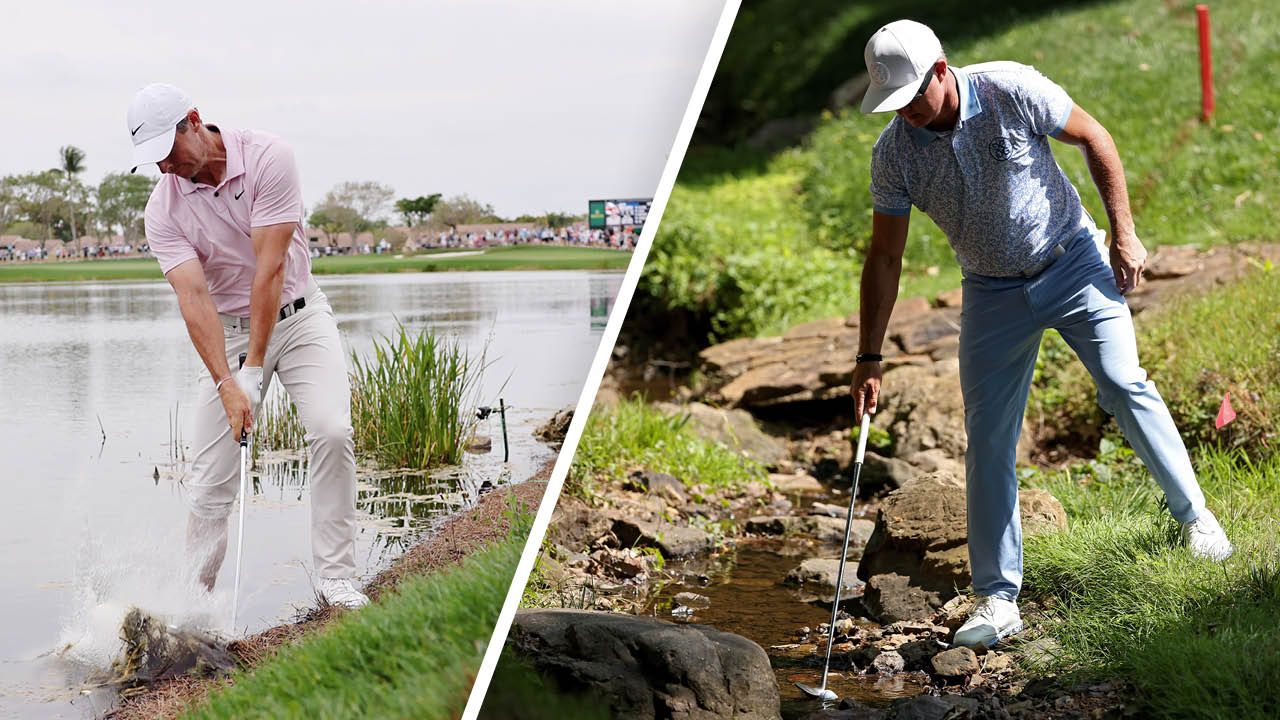 Rory McIlroy and Brian Gay playing recovery shots from penalty areas on a golf course