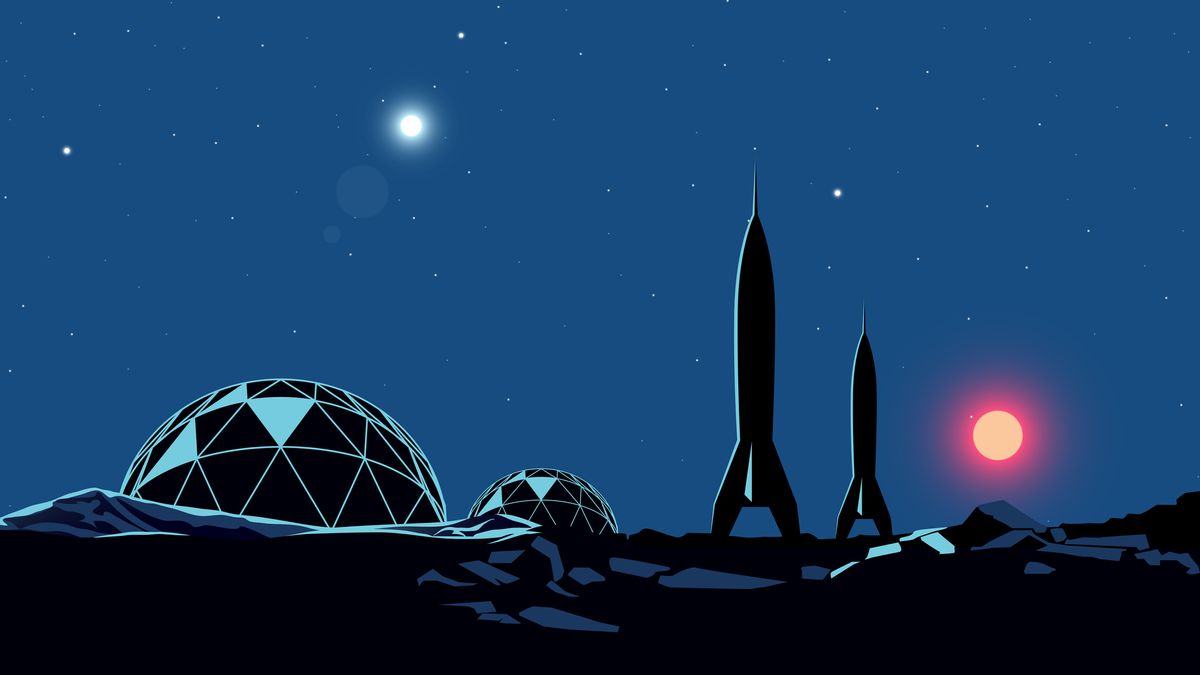 Artwork showing a space settlement and rocket.