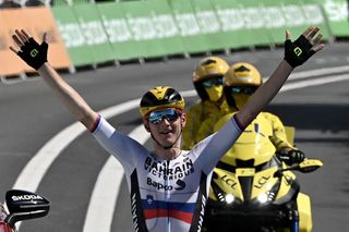 Team Bahrains Matej Mohoric of Slovenia celebrates as he crosses the finish line of during the 19th stage of the 108th edition of the Tour de France cycling race 207 km between Mourenx and Libourne on July 16 2021 Photo by Philippe LOPEZ AFP Photo by PHILIPPE LOPEZAFP via Getty Images