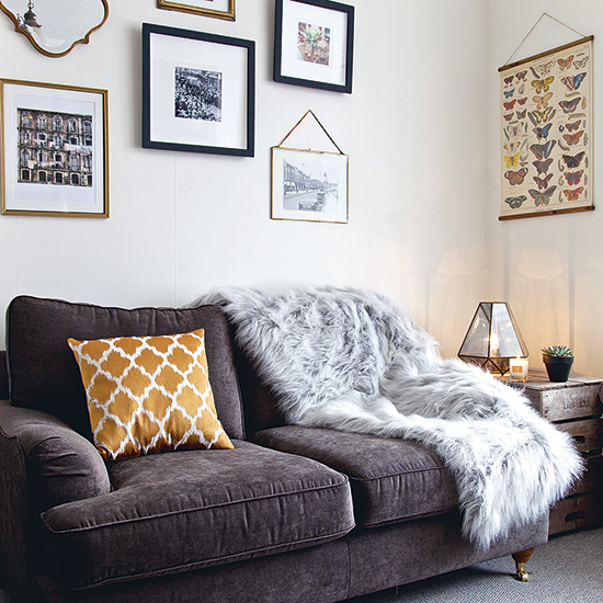 living room with grey sofa