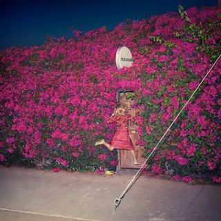 Feist's Pleasure album is a vignetted photo of a bougainvillea-covered building with a woman running through its doorway