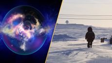 On the left a sphere filled with swirling purple gas, on the right a child walks across a snowy landscape.