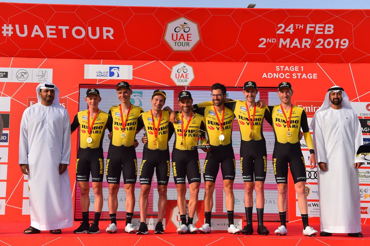 Jumbo-Visma celebrate on the podium