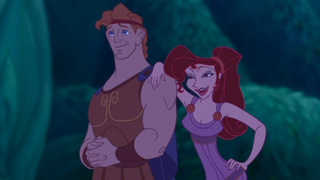 Meg with her arm on Hercules' shoulder in Disney animated movie