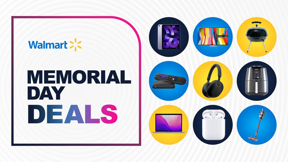 Apple iPad, Apple AirPods 2, Apple MacBook Air M1, Sony XM5, LG C2, Ninja AF100, Dyson V8 and Expert Grill on blue and yellow circles, all on a white background, next to text reading &#039;Walmart Memorial Day sales&#039;