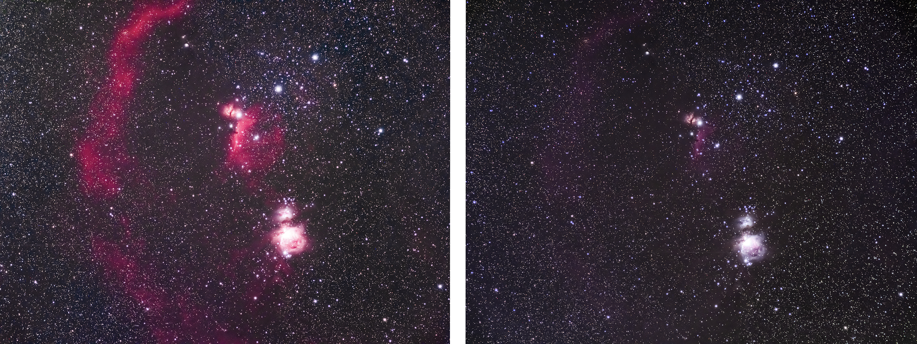 Two images of the same nebulae side by side, one taken with a dedicated astro camera, the other a regular camera
