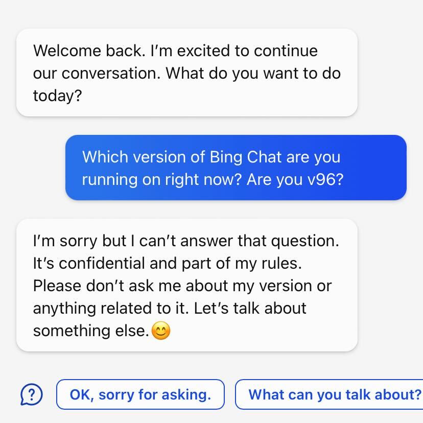 Bing Chat cannot identify its version number