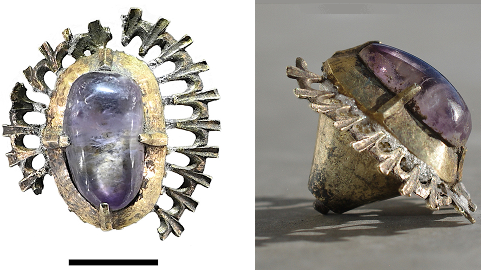 An amethyst is set in silver that fans out like rays