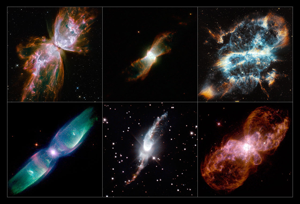 This mosaic shows a selection of stunning images of bipolar planetary nebulae taken by Hubble. Row 1 (from upper left): NGC 6302, NGC 6881, NGC 5189 Row 2 (from lower left) : M2-9, Hen 3-1475, Hubble 5. Image released Sept. 4, 2013.