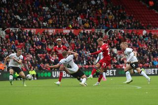 Middlesbrough's Marcus Forss shoots at goal during the Sky Bet Championship match between Middlesbrough and Millwall at the Riverside Stadium, Middlesbrough on Saturday 5th August 2023. (Photo by Mark Fletcher/MI News/NurPhoto via Getty Images)