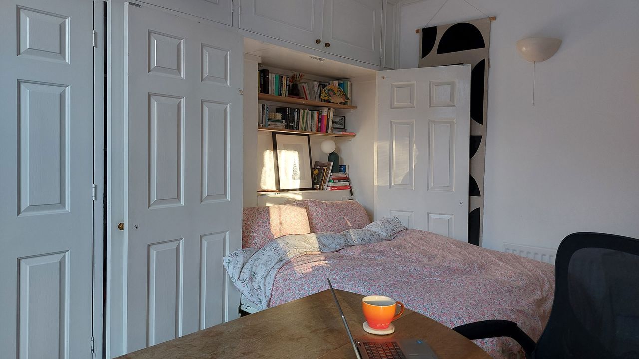 bed and bookshelves in studio flat