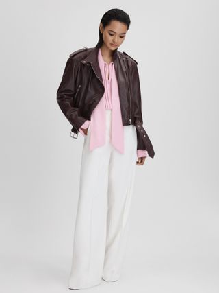 Reiss + Berry Maeve Cropped Leather Biker Jacket