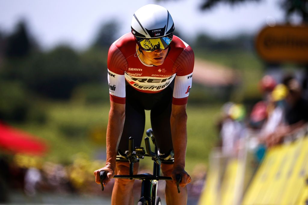 SAINTEMILION FRANCE JULY 17 Toms Skuji of Latvia and Team Trek Segafredo at arrival during the 108th Tour de France 2021 Stage 20 a 308km Individual Time Trial Stage from Libourne to SaintEmilion 75m ITT LeTour TDF2021 on July 17 2021 in SaintEmilion France Photo by Chris GraythenGetty Images