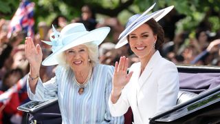 Catherine, Princess of Wales and Queen Camilla seen at Trooping The Colour on June 02, 2022