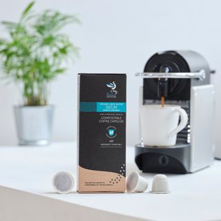 kitchen worktop with blue goose compostable coffee capsules pods