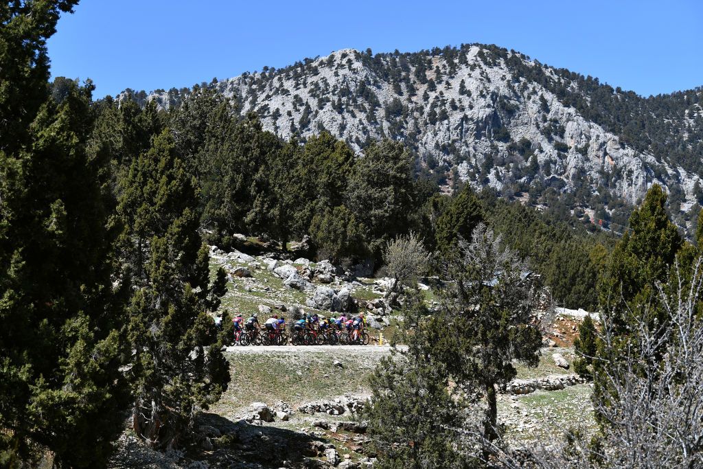 The Tour of Turkey peloton split on the long climb
