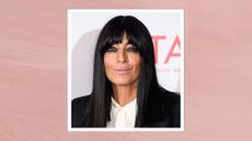 Claudia Winkleman is pictured with a bob and fringe, and wearing a white shirt and black blazer in the winners room during the NTAs 2024 at The O2 Arena on September 11, 2024 in London, England/ in a pink template