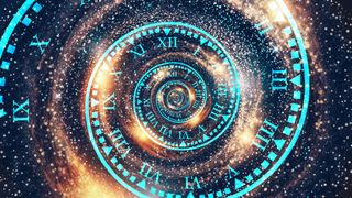 A spiralling time vortex with roman numerals and cosmic elements.