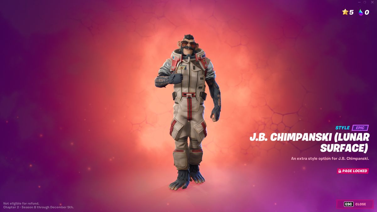 Fortnite's Chapter 2, Season 8 battlepass includes a new player skin J.B. Chimpanski, a Russian space chimp with out-of-this-world accessories.